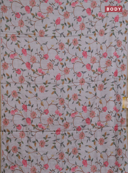 Semi tussar saree pastel grey with allover floral digital prints and zari woven piping border