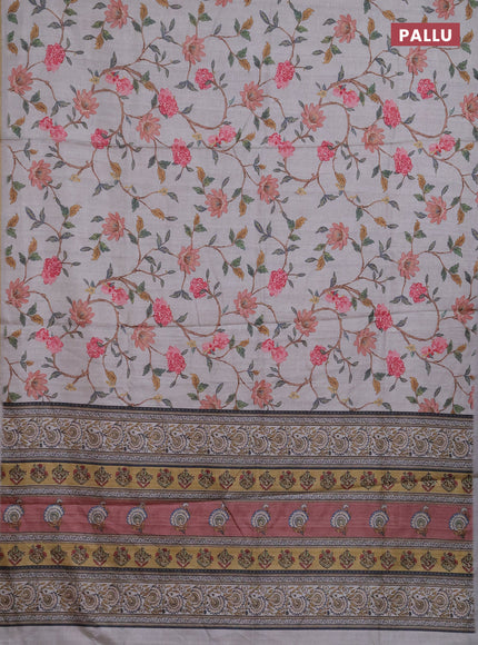 Semi tussar saree pastel grey with allover floral digital prints and zari woven piping border