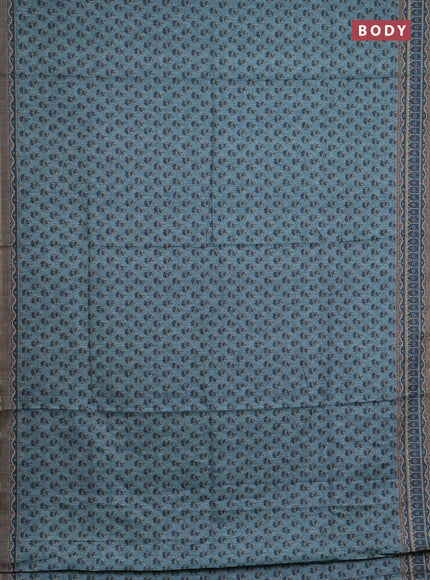 Semi tussar saree teal blue and peacock blue with allover floral buttas and printed zari woven border