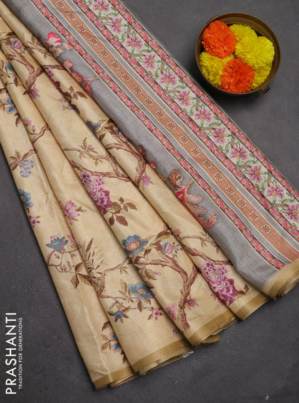 Semi tussar saree sandal with allover floral digital prints and zari woven piping border