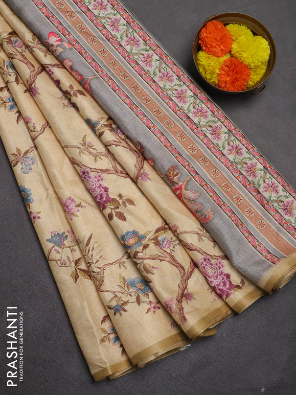 Semi tussar saree sandal with allover floral digital prints and zari woven piping border