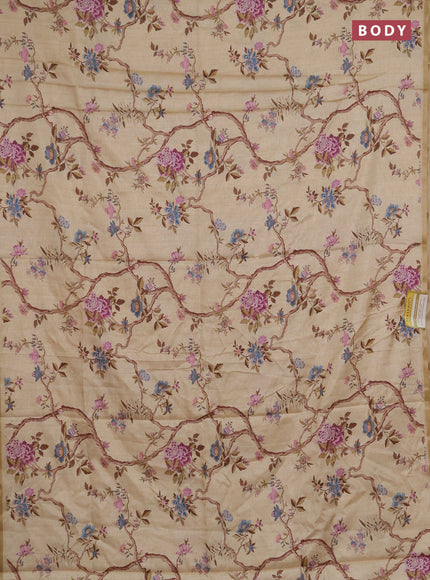 Semi tussar saree sandal with allover floral digital prints and zari woven piping border