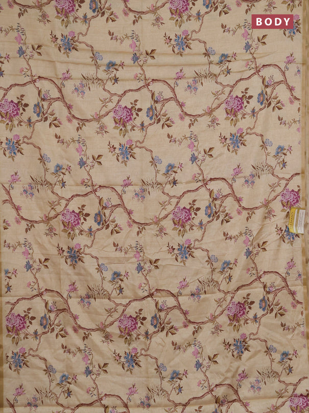 Semi tussar saree sandal with allover floral digital prints and zari woven piping border