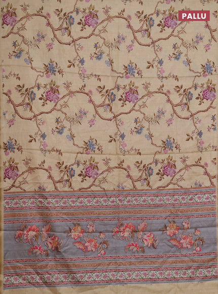 Semi tussar saree sandal with allover floral digital prints and zari woven piping border