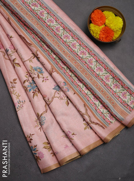Semi tussar saree mild peach with allover floral digital prints and zari woven piping border
