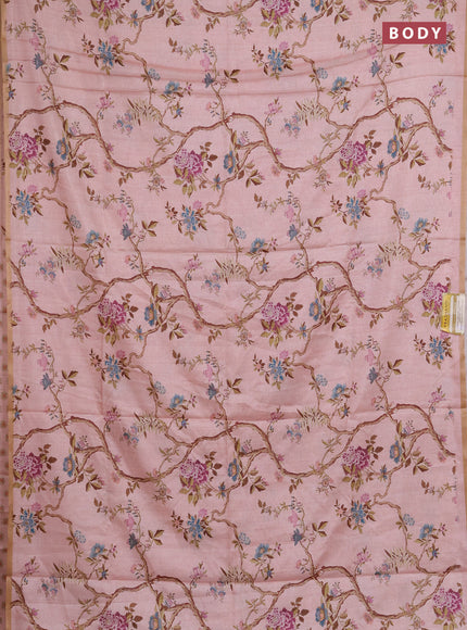 Semi tussar saree mild peach with allover floral digital prints and zari woven piping border