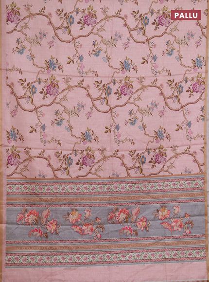 Semi tussar saree mild peach with allover floral digital prints and zari woven piping border