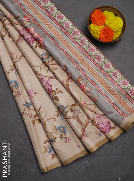 Semi tussar saree beige with allover floral digital prints and zari woven piping border