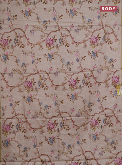 Semi tussar saree beige with allover floral digital prints and zari woven piping border