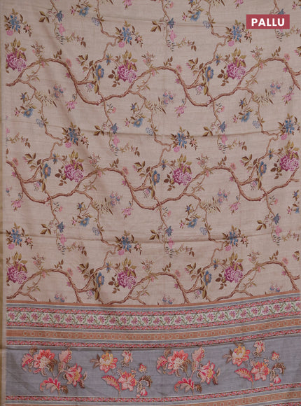 Semi tussar saree beige with allover floral digital prints and zari woven piping border