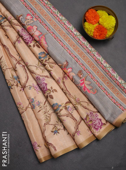 Semi tussar saree peach orange with allover floral digital prints and zari woven piping border