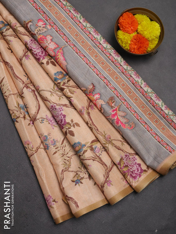 Semi tussar saree peach orange with allover floral digital prints and zari woven piping border