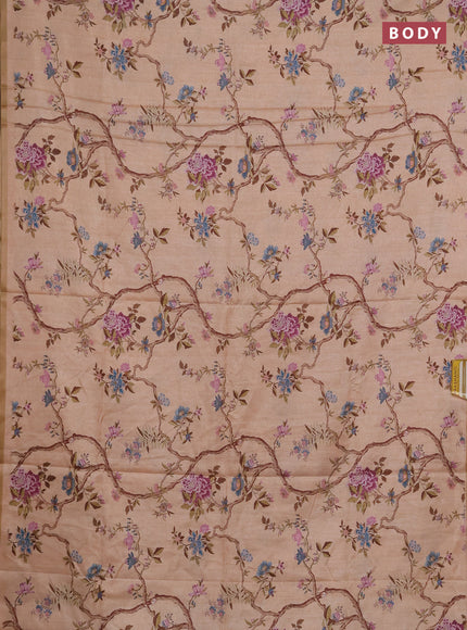 Semi tussar saree peach orange with allover floral digital prints and zari woven piping border
