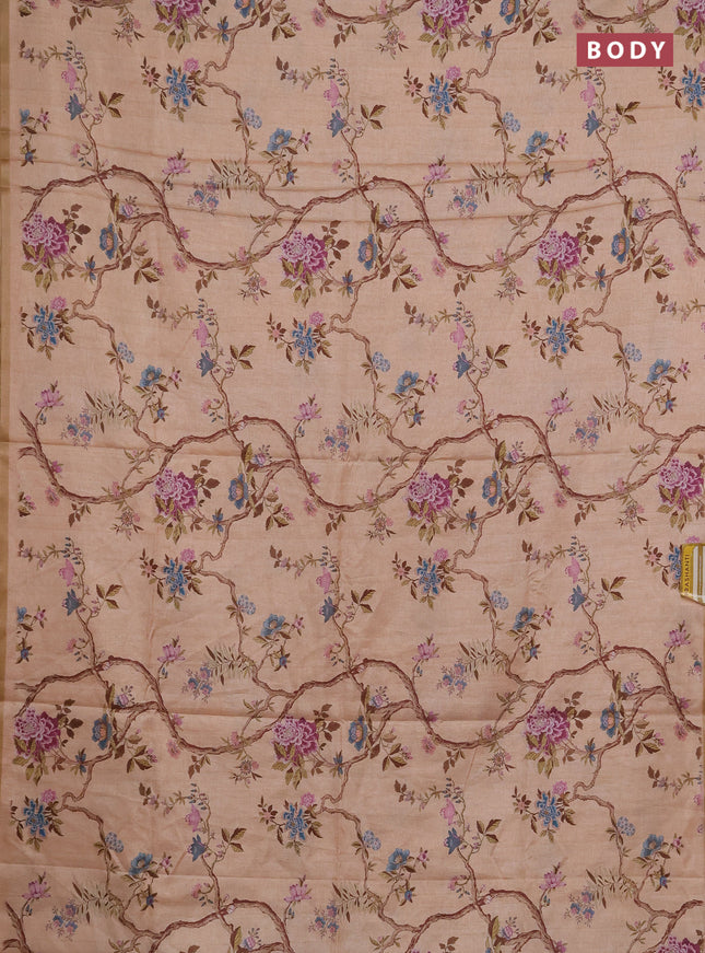Semi tussar saree peach orange with allover floral digital prints and zari woven piping border