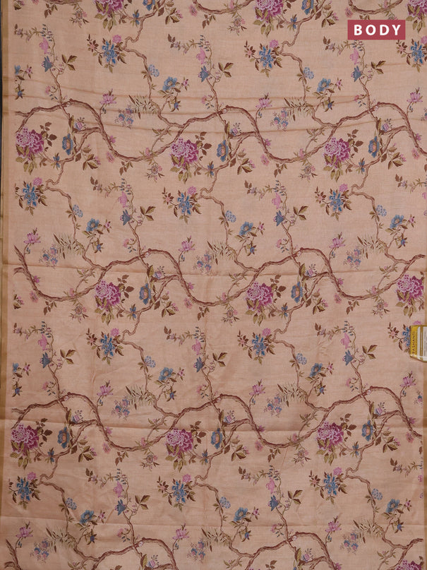 Semi tussar saree peach orange with allover floral digital prints and zari woven piping border