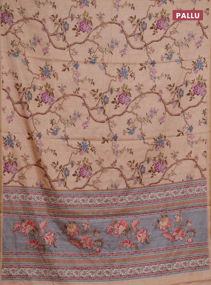 Semi tussar saree peach orange with allover floral digital prints and zari woven piping border