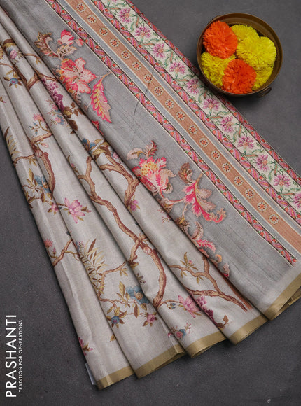 Semi tussar saree pastel grey with allover floral digital prints and zari woven piping border