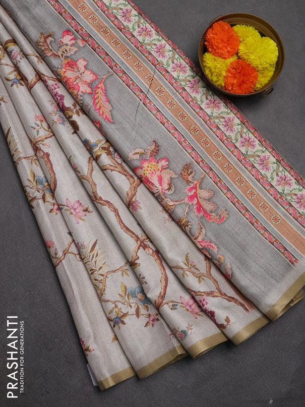 Semi tussar saree pastel grey with allover floral digital prints and zari woven piping border