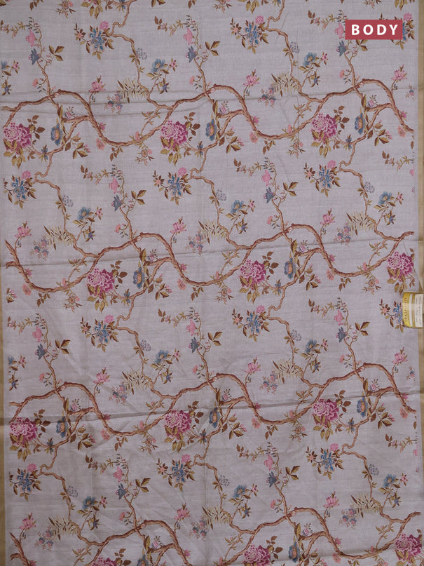 Semi tussar saree pastel grey with allover floral digital prints and zari woven piping border