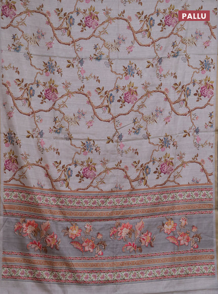 Semi tussar saree pastel grey with allover floral digital prints and zari woven piping border