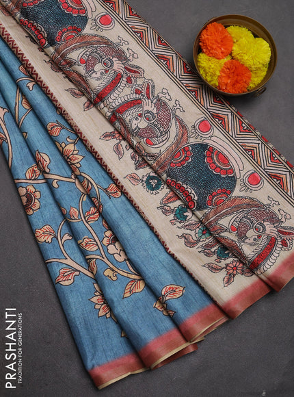 Semi tussar saree pastel blue with allover kalamkari prints and piping zari woven border