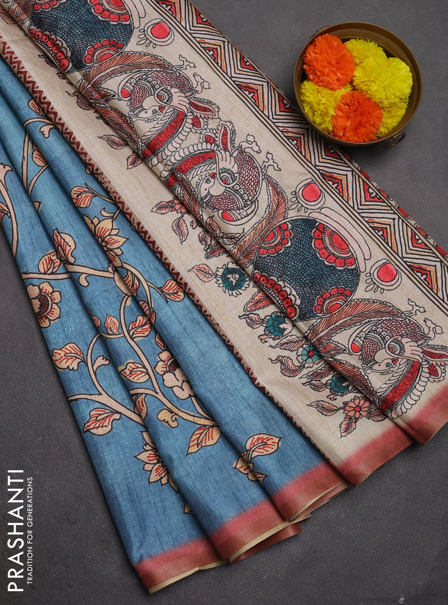 Semi tussar saree pastel blue with allover kalamkari prints and piping zari woven border
