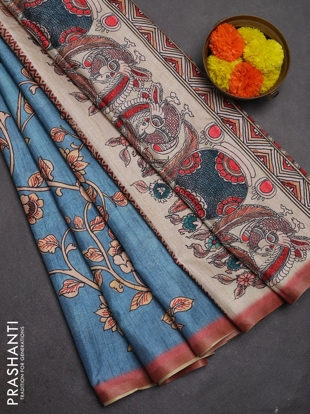 Semi tussar saree pastel blue with allover kalamkari prints and piping zari woven border