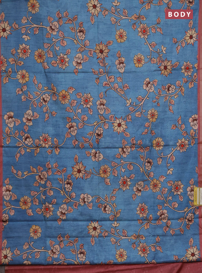 Semi tussar saree pastel blue with allover kalamkari prints and piping zari woven border