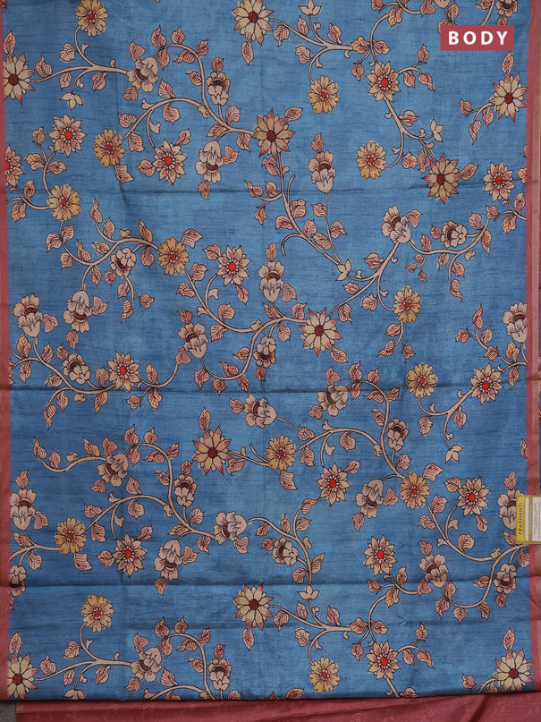 Semi tussar saree pastel blue with allover kalamkari prints and piping zari woven border