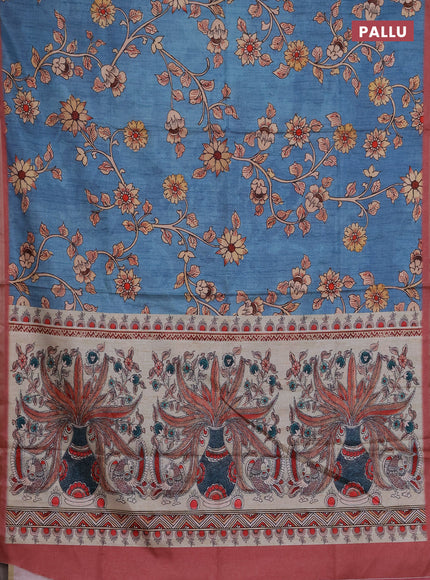 Semi tussar saree pastel blue with allover kalamkari prints and piping zari woven border