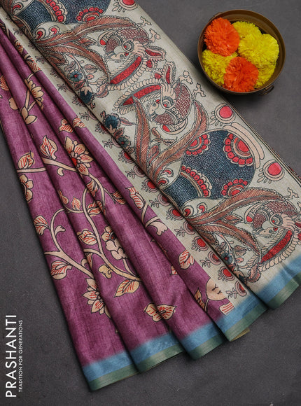 Semi tussar saree purple with allover kalamkari prints and piping zari woven border