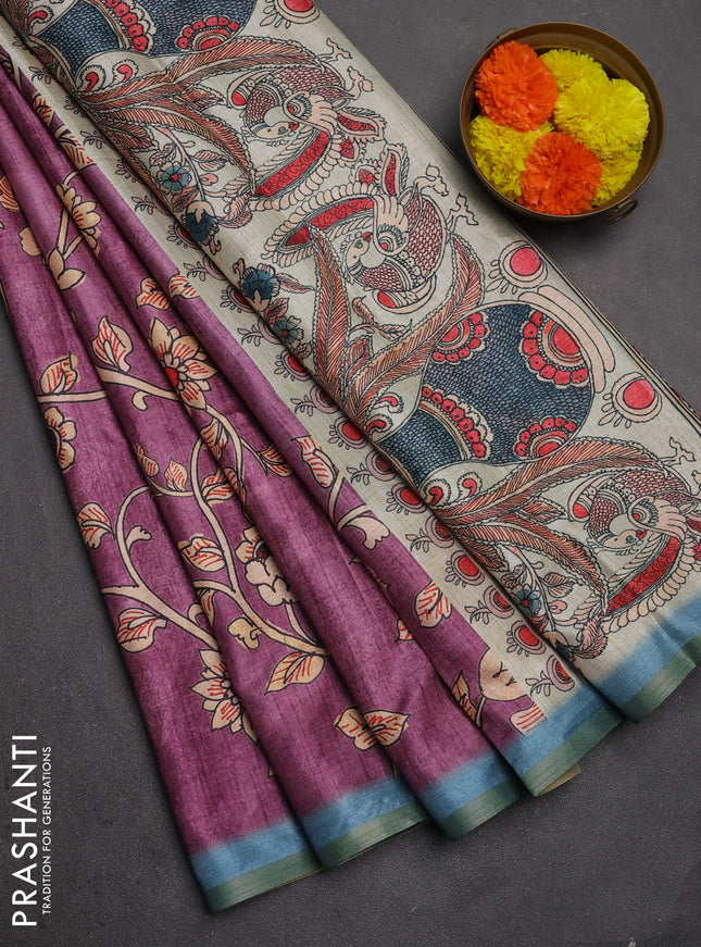 Semi tussar saree purple with allover kalamkari prints and piping zari woven border