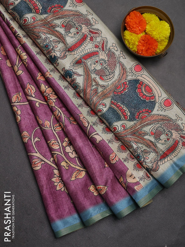 Semi tussar saree purple with allover kalamkari prints and piping zari woven border