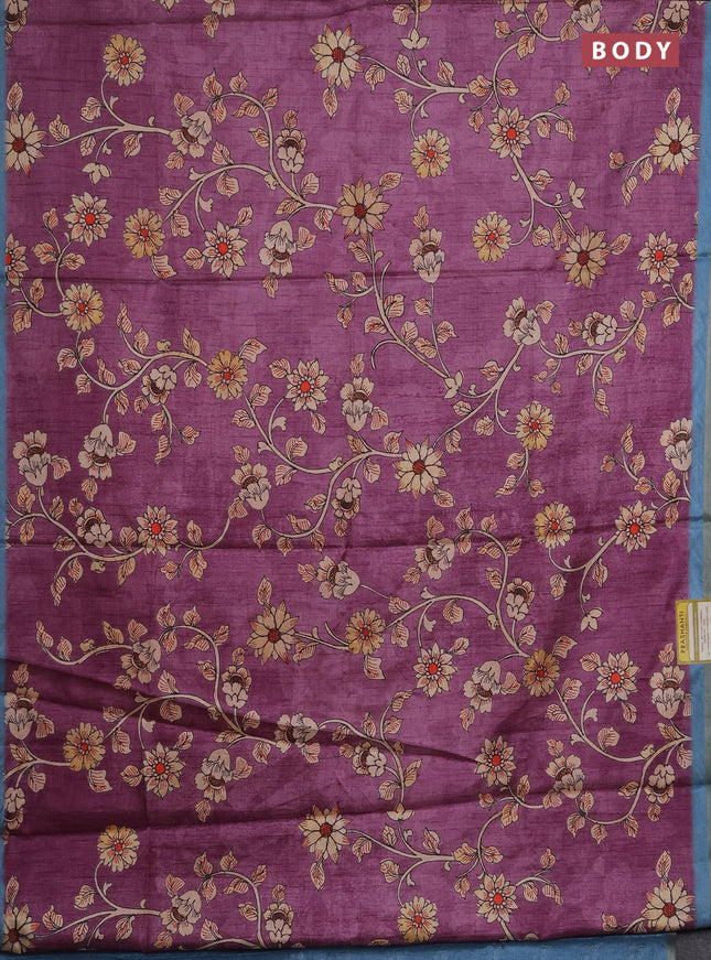 Semi tussar saree purple with allover kalamkari prints and piping zari woven border