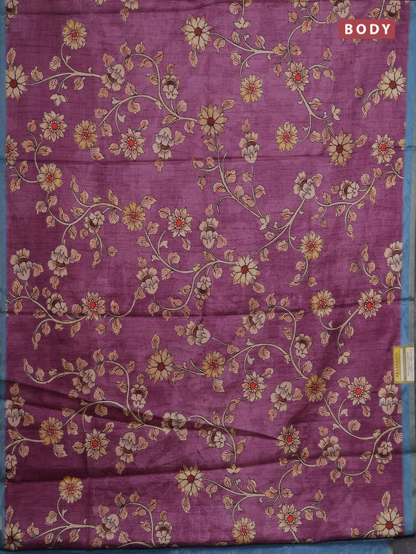 Semi tussar saree purple with allover kalamkari prints and piping zari woven border