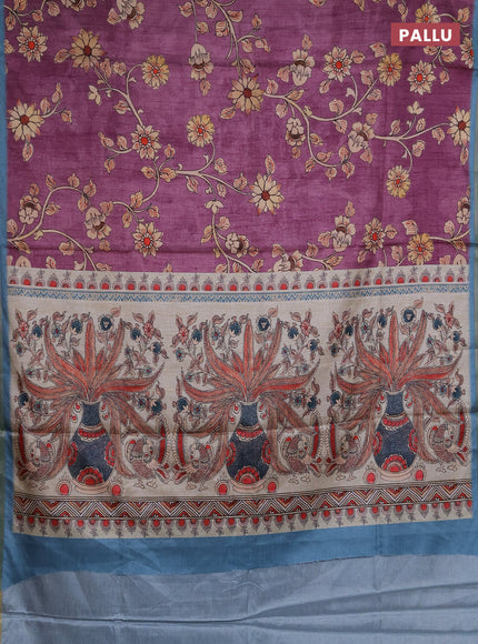 Semi tussar saree purple with allover kalamkari prints and piping zari woven border