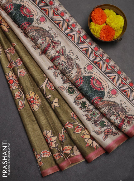 Semi tussar saree olive green with allover kalamkari prints and piping zari woven border
