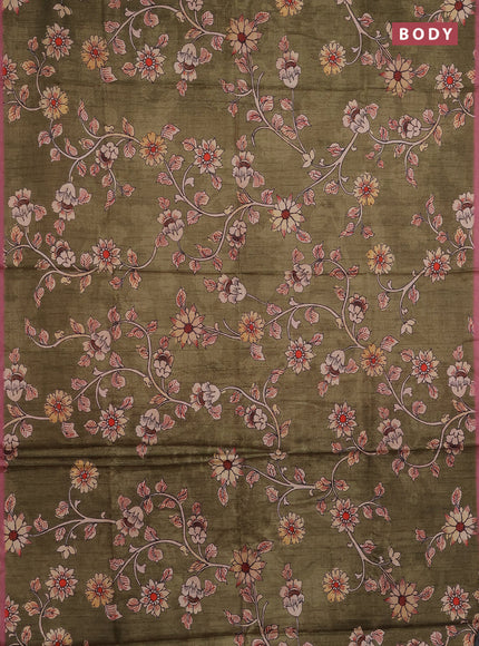 Semi tussar saree olive green with allover kalamkari prints and piping zari woven border