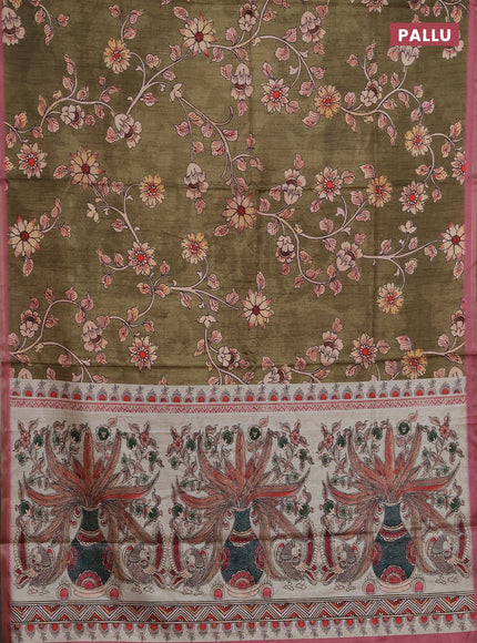 Semi tussar saree olive green with allover kalamkari prints and piping zari woven border