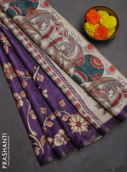 Semi tussar saree lavender with allover kalamkari prints and piping zari woven border