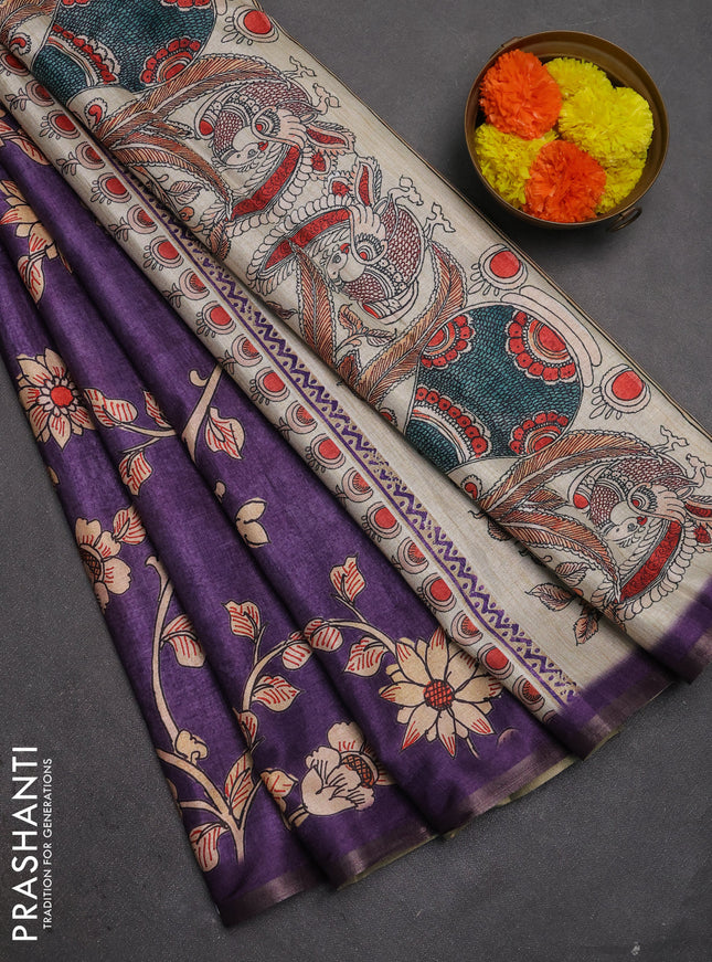 Semi tussar saree lavender with allover kalamkari prints and piping zari woven border