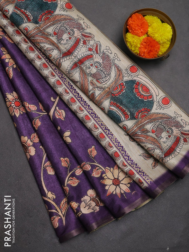 Semi tussar saree lavender with allover kalamkari prints and piping zari woven border