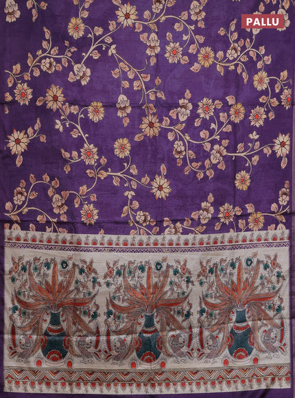 Semi tussar saree lavender with allover kalamkari prints and piping zari woven border