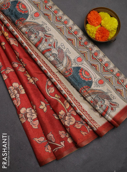 Semi tussar saree maroon with allover kalamkari prints and piping zari woven border