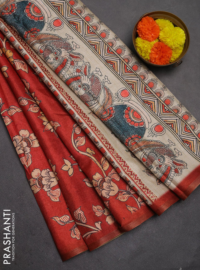 Semi tussar saree maroon with allover kalamkari prints and piping zari woven border
