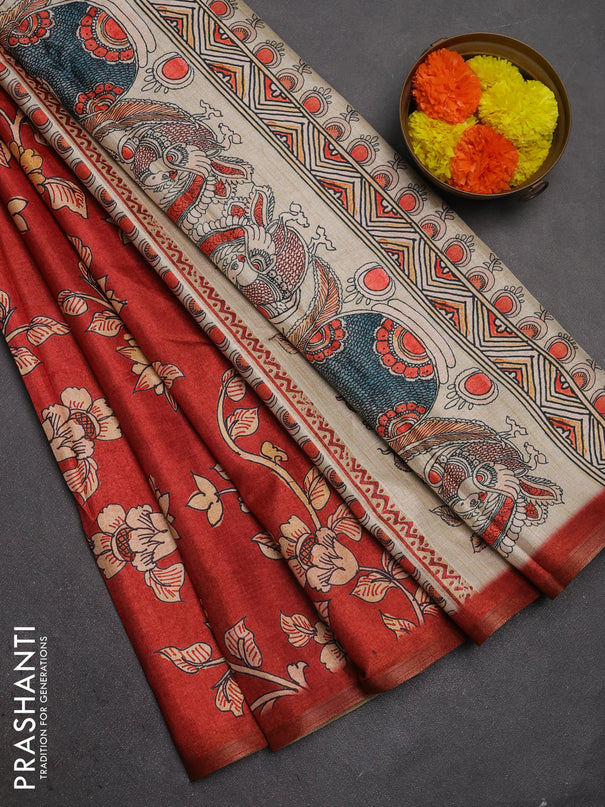 Semi tussar saree maroon with allover kalamkari prints and piping zari woven border