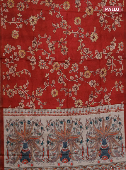 Semi tussar saree maroon with allover kalamkari prints and piping zari woven border