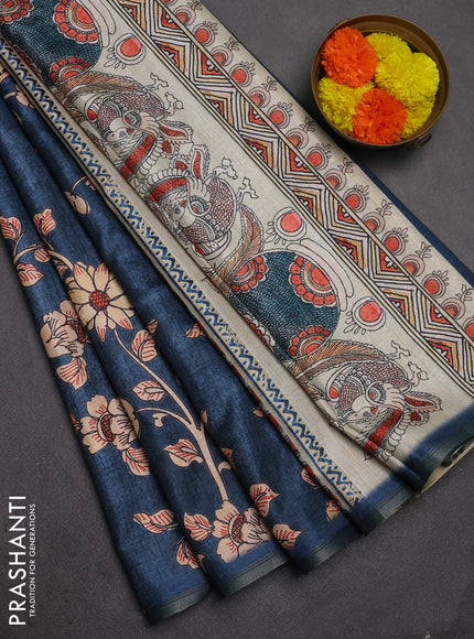Semi tussar saree dark grey with allover kalamkari prints and piping zari woven border