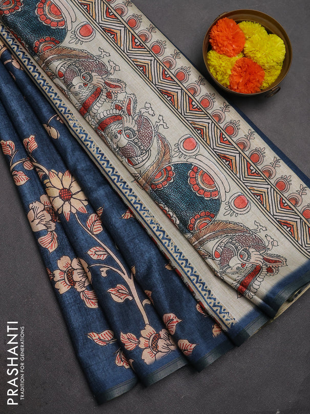 Semi tussar saree dark grey with allover kalamkari prints and piping zari woven border