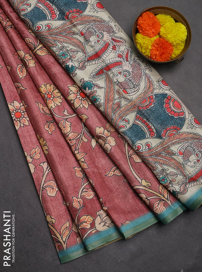 Semi tussar saree dark peach and teal blue with allover kalamkari prints and piping zari woven border